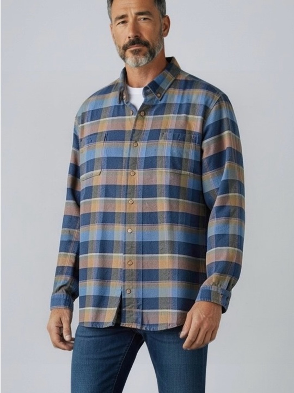 Men's Blue Plaid Soft Flannel Button-Down Shirt
